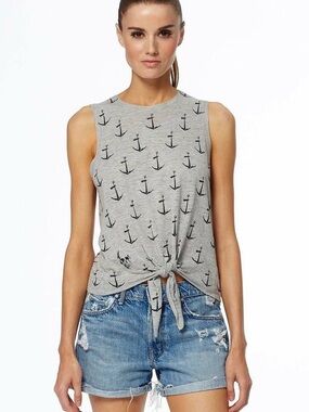 Skull Cashmere | 100% Cotton Gray Anchor Print Tie-Front Tank
